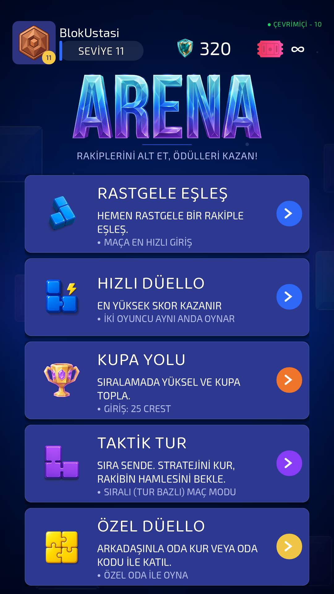 Arena ekranında Özel Düello seçeneğinin görüntüsü